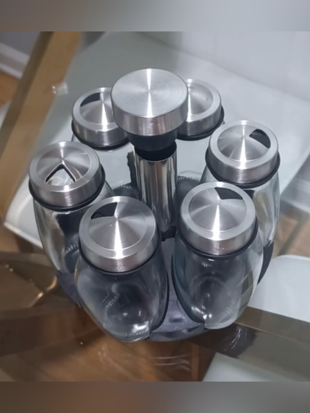 Stainless Steel and Glass Spice Jar Carousel - 6 Piece Set